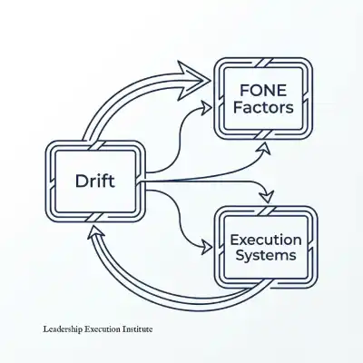 Minimalist navy line-art diagram showing the relationship between Drift, FONE Factors, and Execution Systems, with arrows illustrating how each component influences leadership behavior within the Leadership Execution Institute research model.