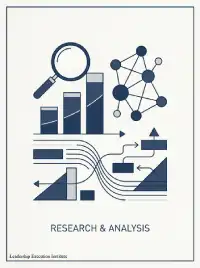 Minimalist navy-blue illustration showing a magnifying glass, bar charts, connected nodes, and data-flow arrows representing research and analysis for the Leadership Execution Institute.