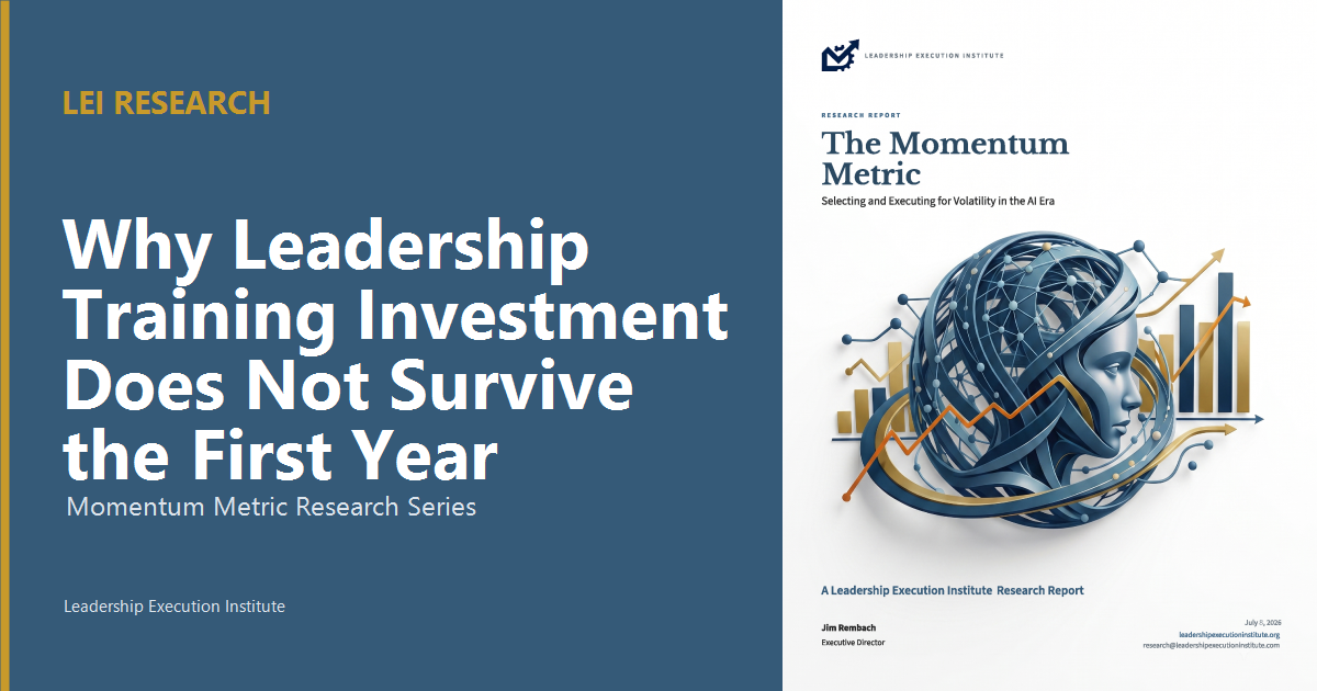 Why Leadership Training Investment Does Not Survive the First Year. Left panel: LEI Research eyebrow, article title, and Momentum Metric Research Series label on a navy background. Right panel: The Momentum Metric research report cover with institute branding and cover art.