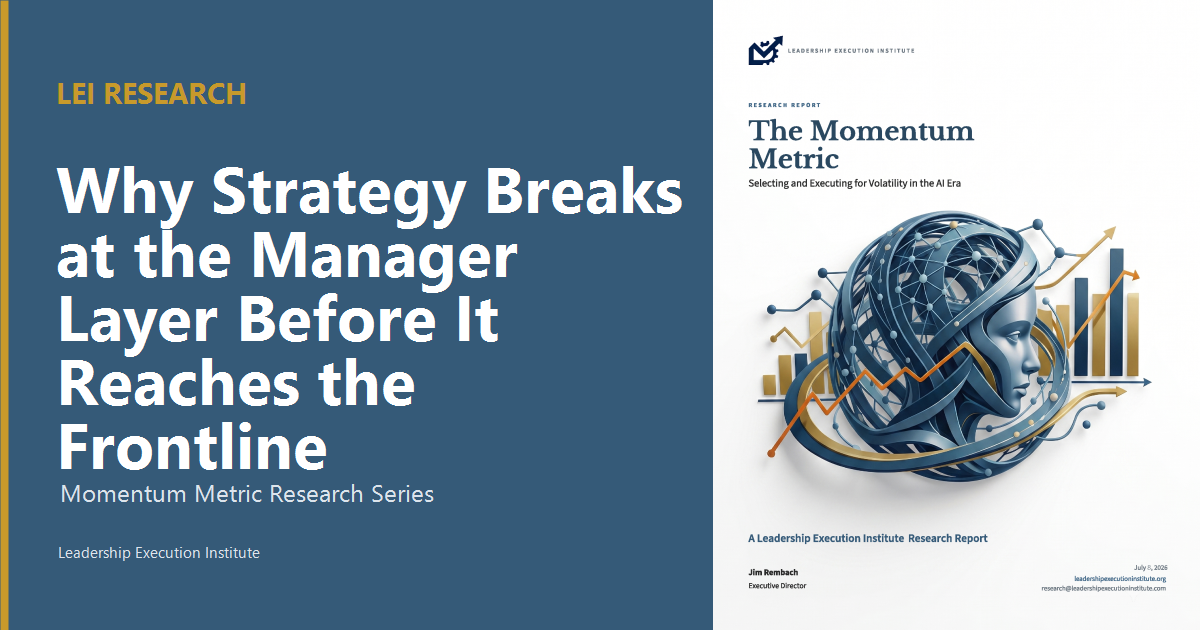 Why Strategy Breaks at the Manager Layer Before It Reaches the Frontline. Left panel: LEI Research eyebrow, article title, and Momentum Metric Research Series label on a navy background. Right panel: The Momentum Metric research report cover with institute branding and cover art.
